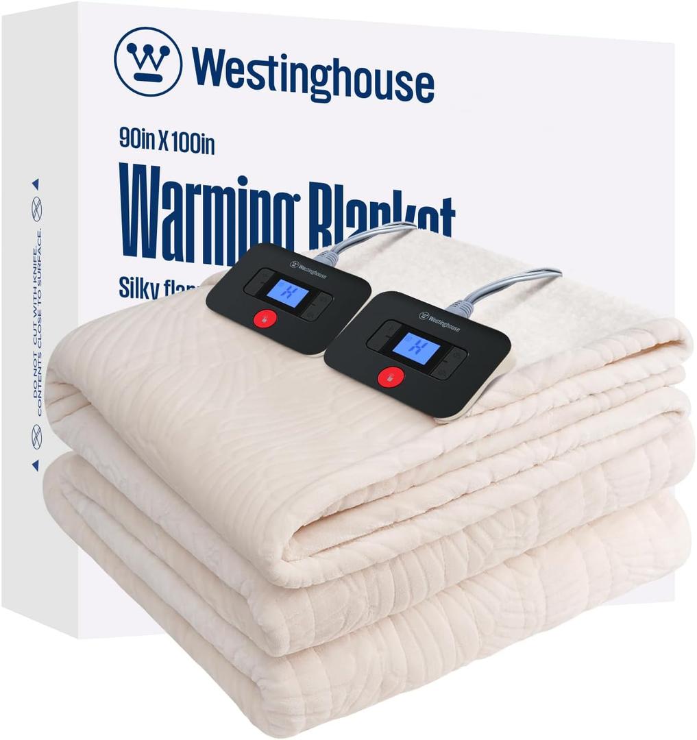 Westinghouse Electric Blanket King, Flower Jacquard Heated Blanket King Size with 10 Heating Levels and 1-12 Hours Auto-Off, Flannel to Sherpa Reversible, Machine Washable (90" x 100", Beige)