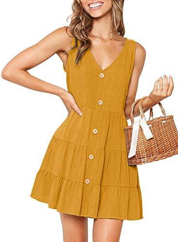 MITILLY Women's Casual T-Shirt Dresses Sleeveless V Neck Button Down A Line Loose Swing Short Dress with Pockets, Medium