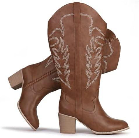 Chicblooms Women's Extra Wide Calf Cowboy Boots Embroidered Western Cowgirl Knee High Boots, Size 9.5