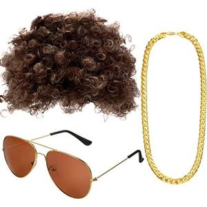 Gejoy Hippie Disco Costume Men Set Funky Afro Wig,Gold Celebrity Sunglasses Faux Gold Chain for 50/60/70s Party Accessories(Brown Hair)