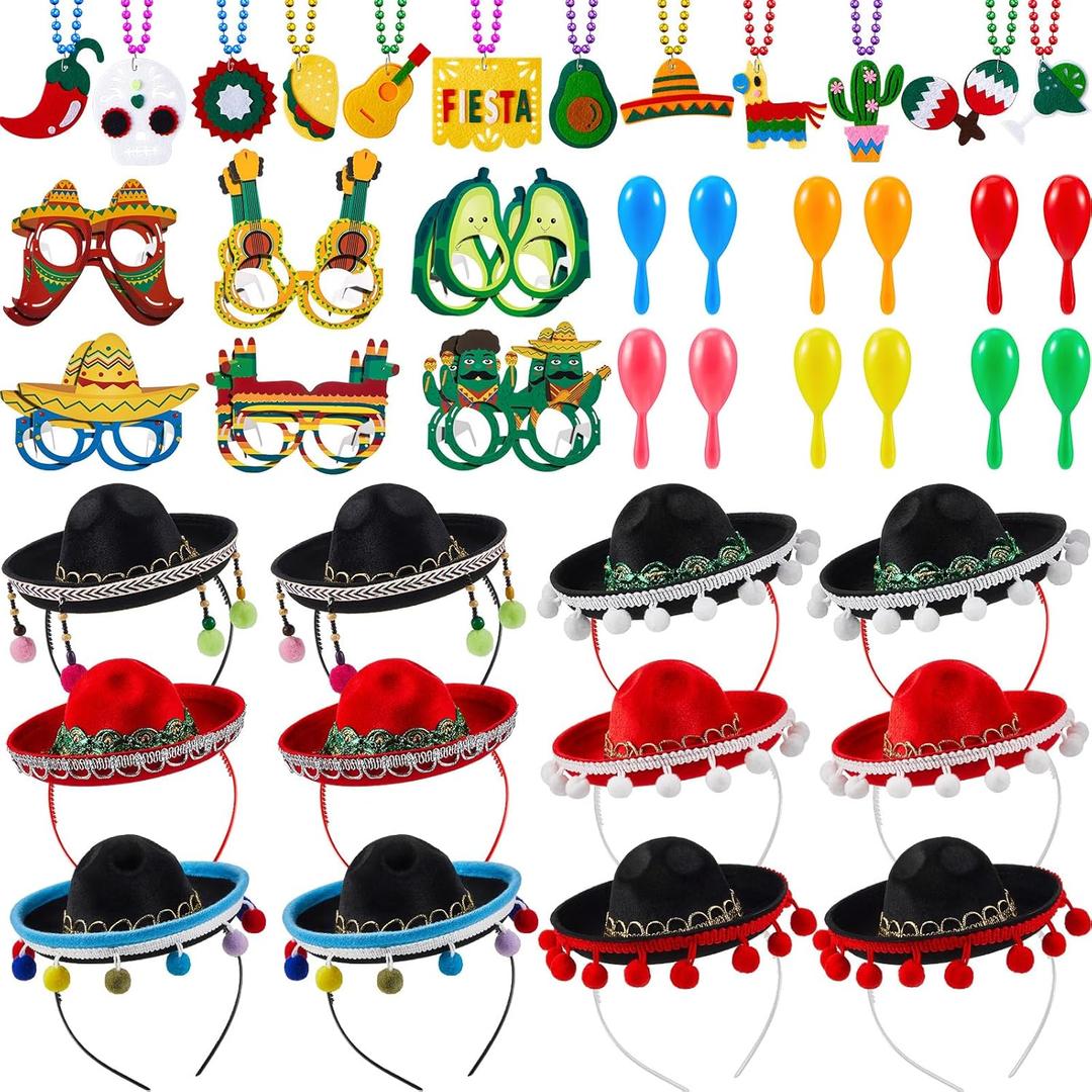 Jexine 48 Pcs Cinco De Mayo Fiesta Party Favor Supplies, Sombrero Hats, Necklaces, Fiesta Eyeglasses for Mexican Party Decor