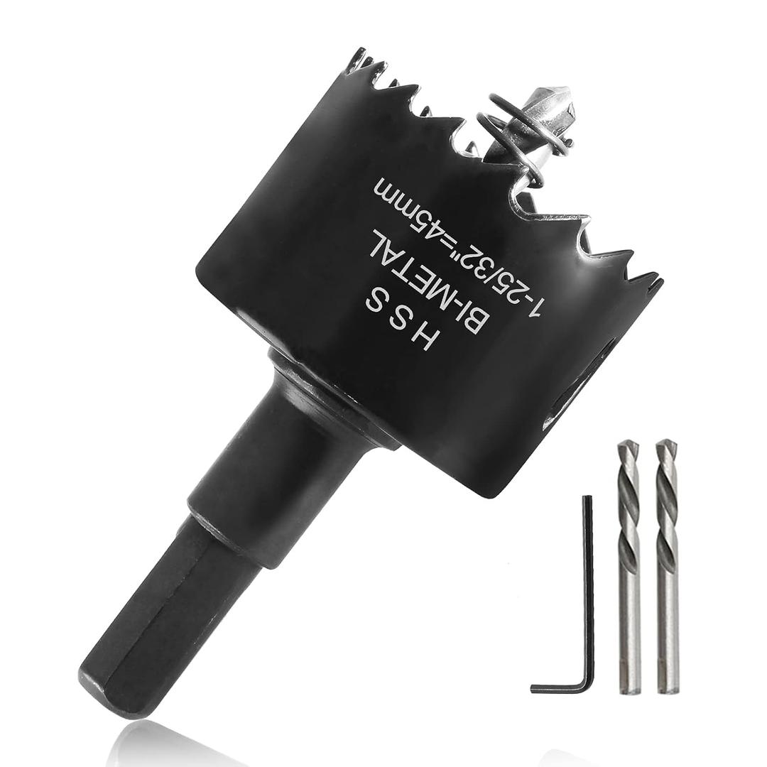 1-3/4" / 45mm Hole Saw with Hex Shank Drill Bit Adapter, 1 inch Cutting Depth HSS Bi-Metal Hole Cutter Corn Hole Saw, Smoothly Cutting in Wood Plastic Drywall and Thin Metal (1-3/4" / 45mm, Hole Saw with Arbor)