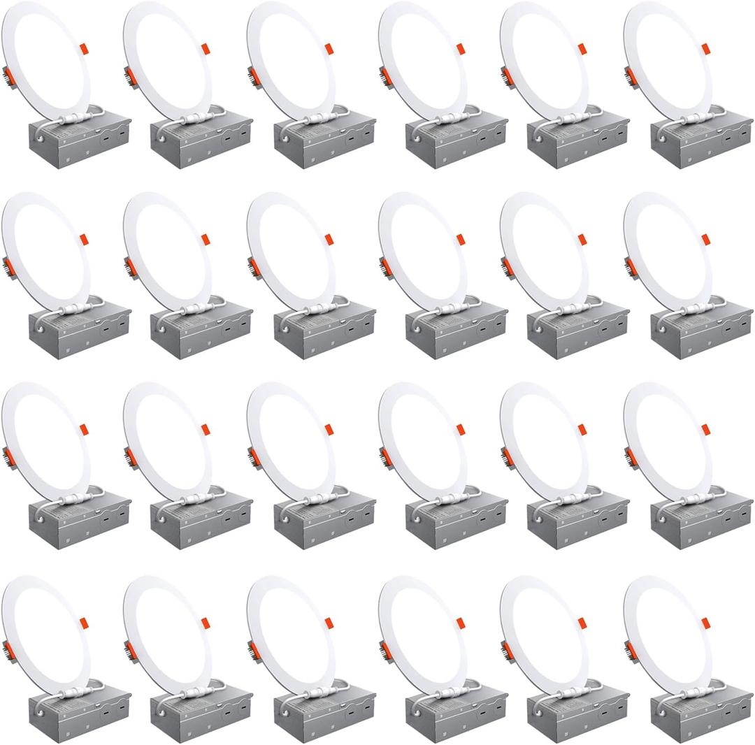 24 Pack 6 Inch Canless Recessed LED Ceiling Lights with Junction Box - 6000K Daylight , 1050LM High Brightness, 12W 110W Eqv, Ultra-Thin LED Recessed Lighting for Bedroom Kitchen Living Room Hallway