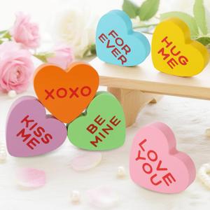 Valentines Day Decorations Wooden Sign, 6 Piece Small Heart Shaped Decor, Love Candy Table Centerpiece for Tiered Tray, Home, Kitchen, Rustic Living Room, Shelf, Wedding, Party (6 Colors Set)