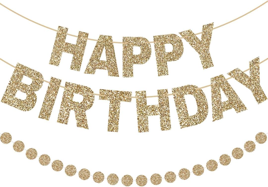 GCQQ Champagne Gold Happy Birthday Banner - Pre-Strung Glitter Gold 3M Pre-Strung Letter Banners + 2.5M Dot Garland Birthday Party Decorations for Women, Bridal Shower, Baby Shower & Anniversary