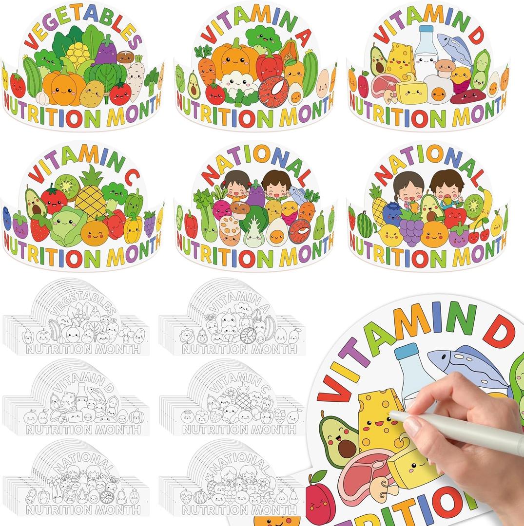 2 x National Nutrition Month Crowns - 48 Set Premium Cardstock Coloring Crowns with Adjustable Elastic Bands Healthy Fruits Veggies Theme for DIY Color Your Own Crown Crafts Educational Events