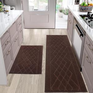 BEQHAUSE Kitchen Rugs Sets of 2 Non Slip Washable Kitchen Mats for Floor Absorbent Soft Kitchen Runner Rugs for Floor, Sink, Hallway, Laundry, 20x30+20x48 Brown