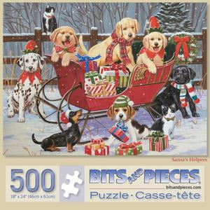 Bits and Pieces  500 Piece Jigsaw Puzzle for Adults  Santa's Helpers - Puppies Christmas Sleigh Jigsaw Puzzle by Artist William Vanderdasson, Completed Puzzle Size: 18" x 24"