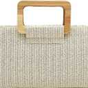 Straw Clutch Purse, Woven Evening Handbag with Wooden Handle, Summer Beach Crossbody Bag, Women Boho Vacation Pouch (Beige)