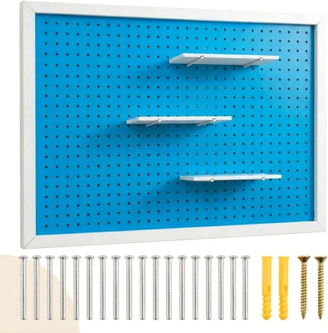 Weysat 36 x 24 Inch Framed Wood Pegboard Wall Organizer, Large Blue Decorative Peg Board Kit with 3 White Shelves and 18 Accessories, Wall Mounted Craft Storage Display for Room, Office, Sewing Room, 38.19 x 25.2 x 2.95 inches