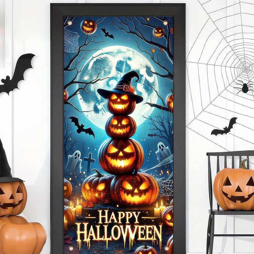 Halloween Door Cover 71x35 Inch Pumpkin Stack Glowing Jack O Lanterns Banner Full Moon Ghosts Bats Graveyard Scene Banner Happy Halloween Door Decoration for Porch Party Decor
