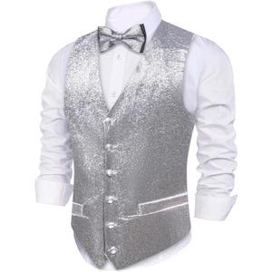 Barry.Wang Mens Shiny Vest V-neck Silm Fit Suit Waistcoat Bowtie Set Party Prom Tuxedo Formal Casual (Medium)