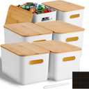 Geosar 6 Pcs Storage Bins with Bamboo Lids Plastic Storage Containers Stackable Box with and Handle with 6 Labels and Marker for Organizing Toys and More, 10.1x7x6.69 In(White, Classic)