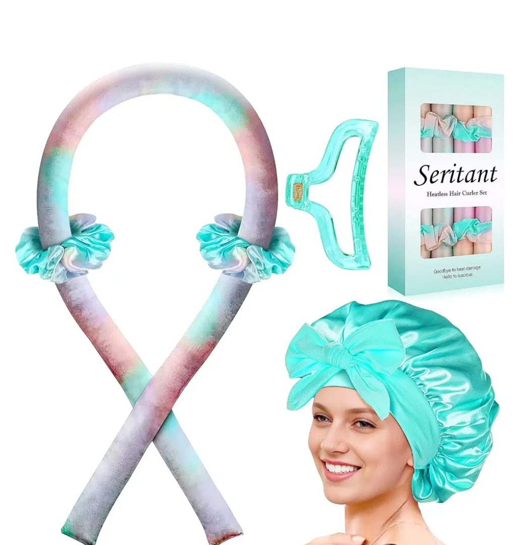 2 x Heatless Hair Curler for Overnight Curls | No Heat Curling Rod Set with Satin Bonnet | Sleep-In Safe Blowout Rods for Frizz-Free Waves Green Tie Dye