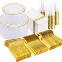 I00000 700Pcs Gold Dinnerware Set for 100 Guests, Plastic Plates for Party, Include: 100 Gold Rim Dinner Plates, 100 Gold Dessert Plates, 100 Paper Napkins, 100 Cups, 100 Gold Plastic Silverware Set  