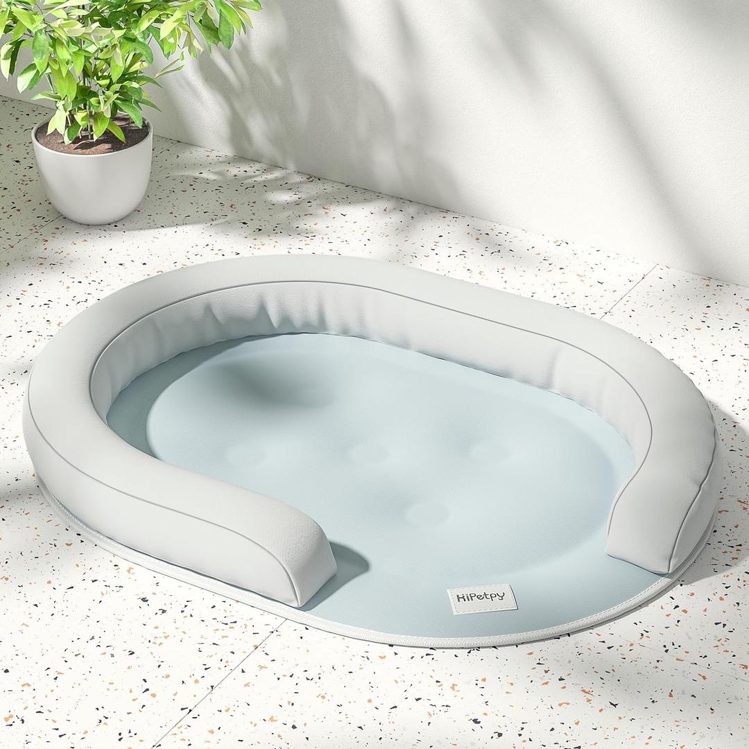 Cooling Dog Bed with Water Mat and Pillow, Waterproof Cooling Mat for Medium Small Dogs up to 50lbs, Pet Cool Pad with Summer Cool Fabric (Grey, G-Shaped) (31.5"L x 23.6"W x 3.2"Th)