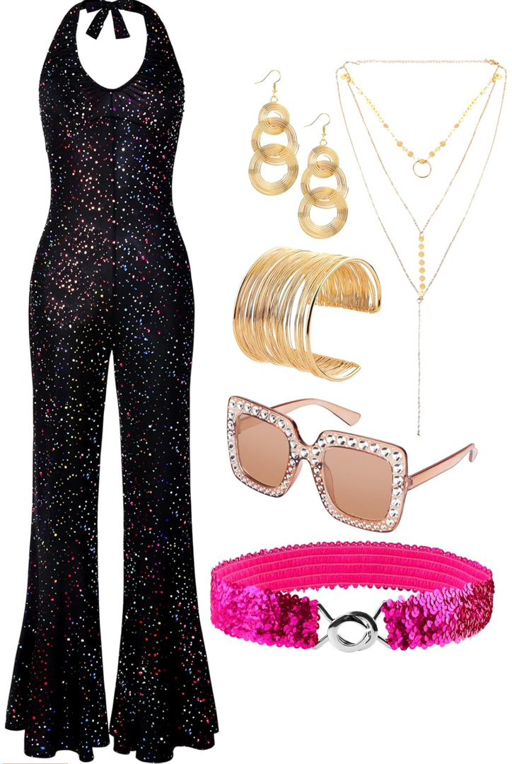 SOMSOC 70s Disco Jumpsuit Costumes Women Fashion Disco Accessories for Halloween Necklace Earrings Bracelet Glasses Belt, L