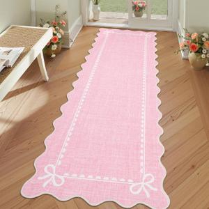GarveeHome Scalloped Bow Rug for Living Room, Solid Pink Rug for Dorm, Washable Runner Rug 2.5x10 Soft Low Pile Non Slip Scalloped Rugs for Nursery Bedroom Decor Hallway Entryway Playroom