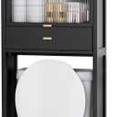Over The Toilet Storage Cabinet with Drawer and Flip Door, Bamboo Bathroom Organizer Shelf with Anti-Tip Design and Waterproof Feet Pad,Freestanding Rack Above WC Space Saver (Black)