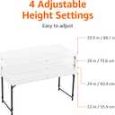 Amazon Basics Portable 4 Foot Rectangular Folding Dining Table, 4 Adjustable Height Settings, Carrying Handle, Indoor & Outdoor, Sturdy for Events, White, 47.8 x 23.9 x 33.9 in