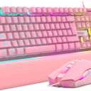RedThunder K10 Wired Gaming Keyboard and Mouse and Wrist Rest Combo, RGB Backlit, Mechanical Feel Anti-ghosting Keyboard + 7D 7200 DPI Mice+Soft Leather Wrist Rest 3 in 1 PC Gamer Accessories(Pink)