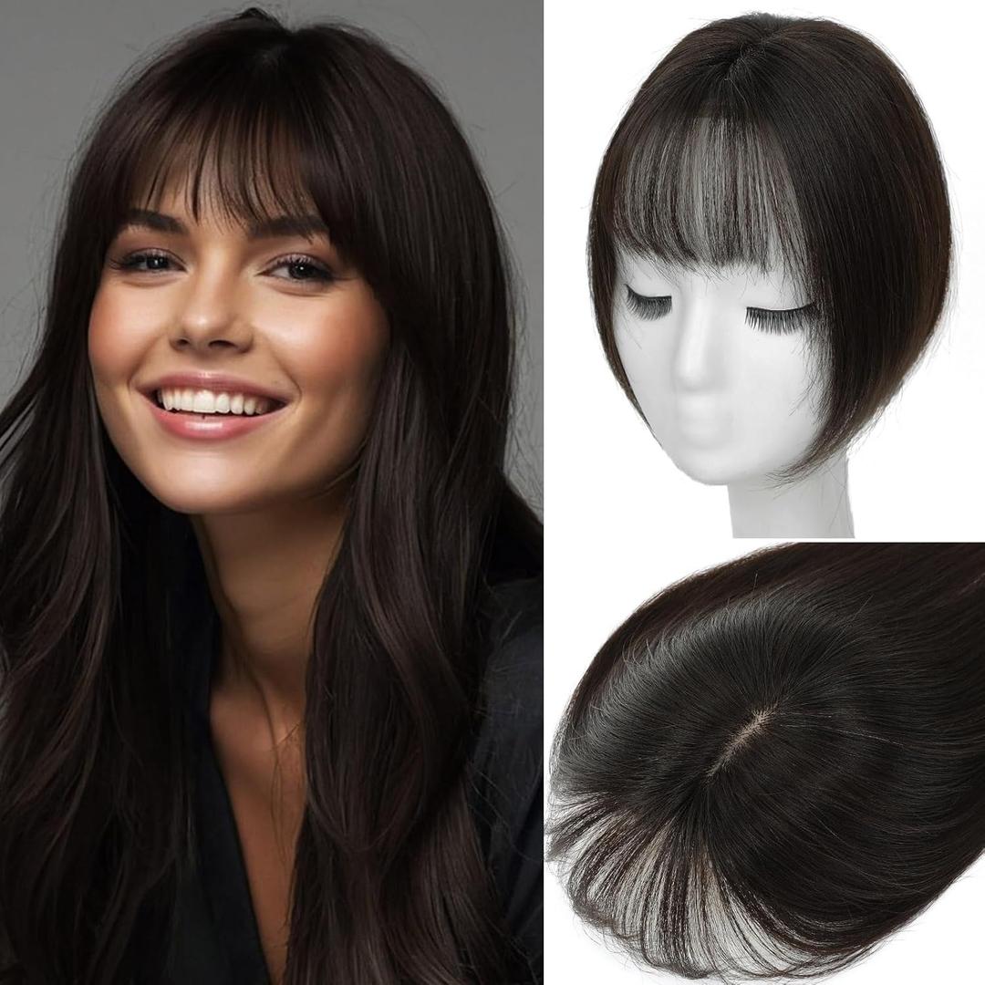 Hair Toppers for Women Real Human Hair, 12 Inch 360 3D Upgrade Middle Part Toppers for Women with Thinning Hair (3 Clips-12 Inch-Dark Brown)