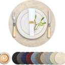 Round Faux Leather Placemats and Coasters, Set of 6, Reversible Heat Resistant Non-Slip Table Mats, Waterproof Wipeable Place Mats for Dining Table, Washable for Indoor & Outdoor (6, Beige)