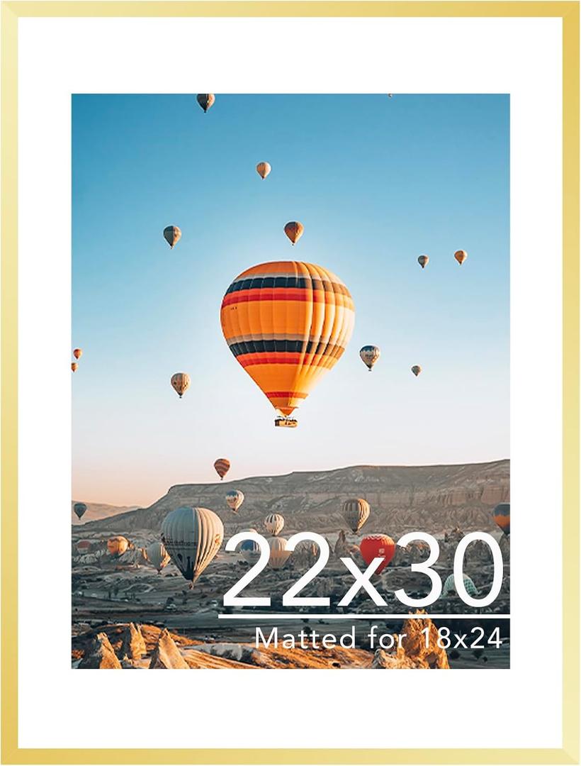 JCJMY 22x30 Picture Frame with 18x24 Mat, Display Photo 18x24 with Mat or 22 x 30 Without Mat, Wall Hanging Large 22 by 30 Poster Frame with Plexiglass, Gold