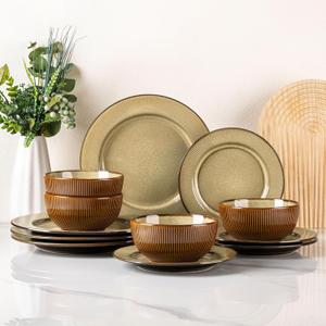 GBHOME Ceramic Dinnerware Sets,12 pcs Embossed Elegant Stoneware Plates and Bowls Sets, Housewarming Wedding Gift | Dishwasher & Microwave Safe | Dishes Set Service for 4 (Caramel)