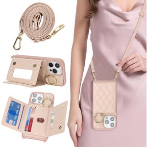 for iPhone 13 Pro Max Case with Card Holder and Strap for Women,Crossbody Lanyard, Make Up Mirror,Ring Stand,Snap Clasp,Cute Phone Wallet Cases 6.7 inch - Rose Gold