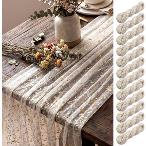 Shihanee 12 Pcs Gauze Table Runners 120 Inch 10 ft Sheer Cheesecloth Table Runner for Wedding Rustic Arch Decor Bridal Shower Baby Shower Banquet Birthday Holiday Decoration (Beige Gold)