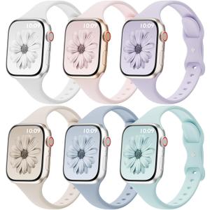6 Pack Thin Bands Compatible with Apple Watch Band 44mm 45mm 46mm 49mm Women Men, Sport Silicone Strap Slim Wristband for iWatch Series 11 10 9 8 SE 7 6 5 4 3 2 1 Ultra (White/Sand Pink/Purple Fog/Starlight/Sky/Seafoam)