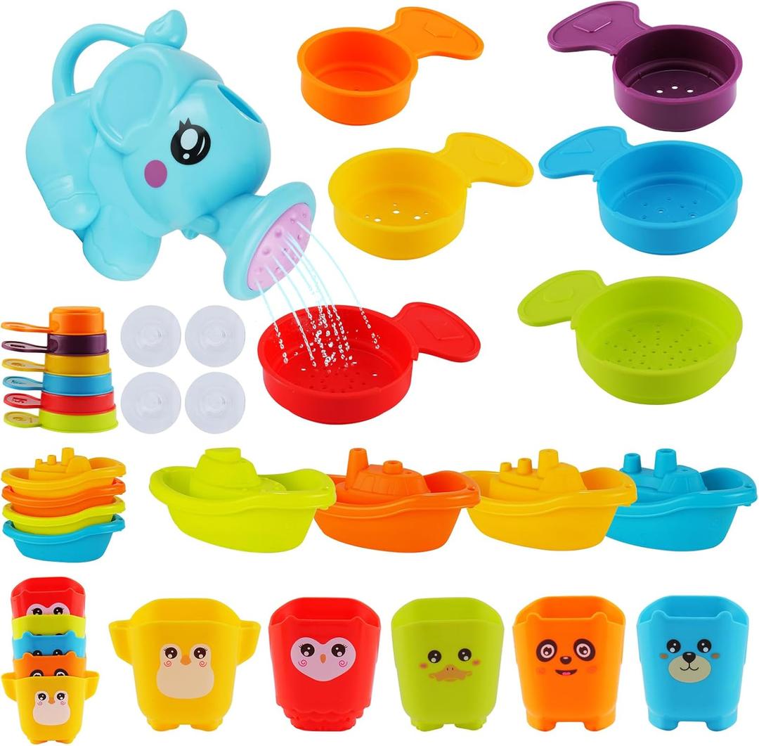 Baby Bath Toys for Kids Ages 1-3, 16 PCS Mold Free Bath Toys for Toddlers with Floating Boats,Watering Can,Water Cup Set& Bath Spoons, Bathtub Water Pool Toys for Babies and Toddlers (#2)