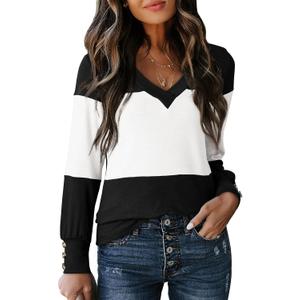 Dokotoo Womens Long Sleeve Tops V Neck Color Block Pullover Casual Sweater (Black, XL)