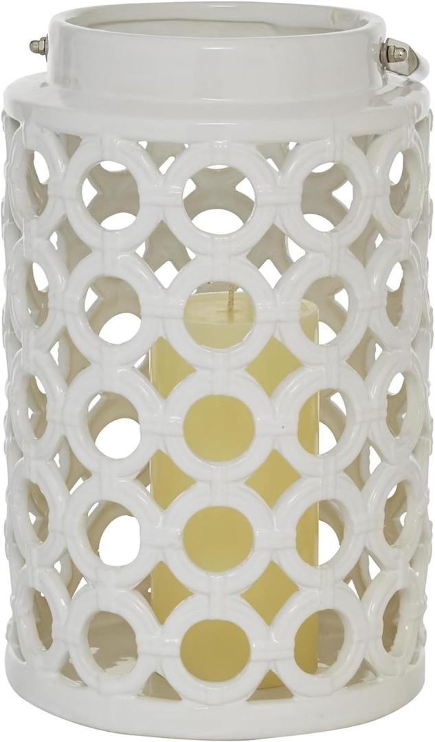 Deco 79 Ceramic Circles Decorative Candle Lantern with Cut Out Design, 7" x 8" x 11", White