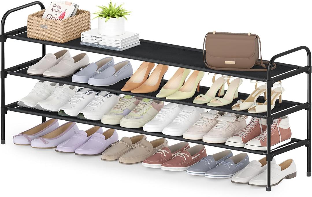 3 Tier Long Shoe Rack for Closet, Screw Fastened Plastic Connector Shoe Storage Organizer, Non-Woven Fabric Metal Shoe Shelf, Holds 24-28 Pairs for Entryway, Front Door Entrance, Bedroom