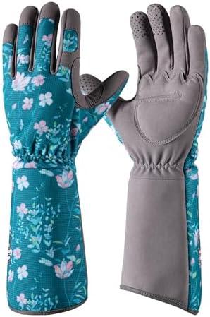 COOLJOB Thorn Proof Rose Pruning Garden Gloves for Women, Long Sleeve Padded Yard Work for Bush, Blackberry, Cactus, Heavy Duty/ Puncture Resistant/ Machine Washable, Large, Green Floral