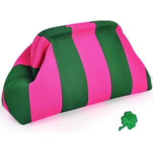 Woven Clutch Purses for Women, Summer Beach Crochet Striped Dumpling Bag Evening Handbag, mahjong bag Dumpling Bags (Pink-green Stripe)