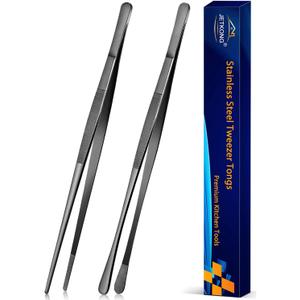 JETKONG 2 Pcs 12-Inch Kitchen Tweezers Tongs with Precision Serrated Tips, Stainless Steel Chef Tweezer Professional Cooking Tweezers for BBQ, Plating and Serving (12-Inch, Black)