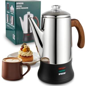 APOXCON Electric Coffee Percolator Stainless Steel Coffee Pot with Two Tough Glass Clear Brew Progress Knob & Treated Solid Wood Handle & On/OFF Switch Auto Keep Warm Cordless Serve (8 Cup)