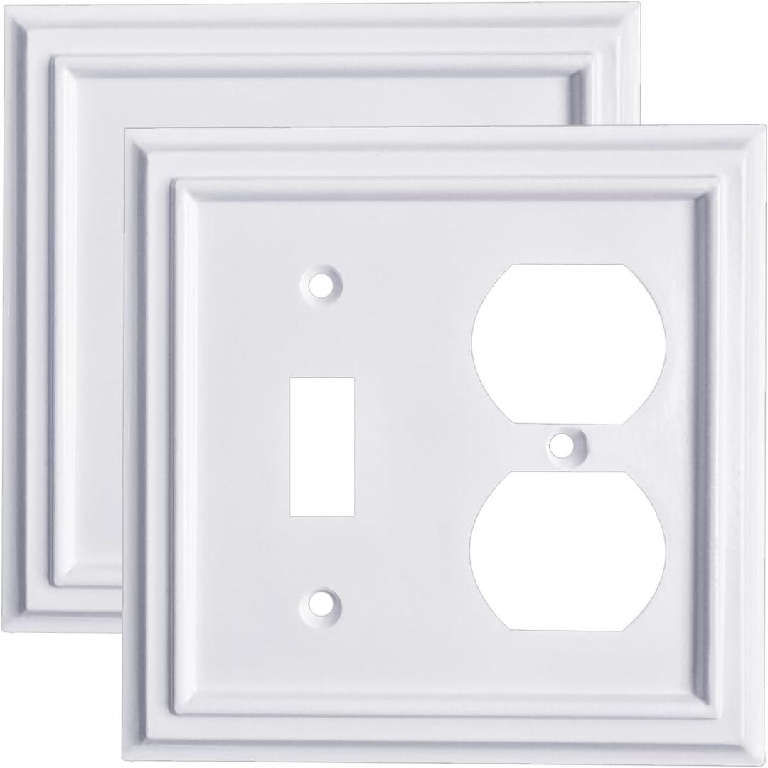 Pure White Decorative Outlet Covers Wall Plates, Bamboo Fiber Light Switch Covers, Natural Material Electric Receptacle Switch Plate Outlet Cover of various styles (2 Gang Toggle/Duplex 2 Pack)