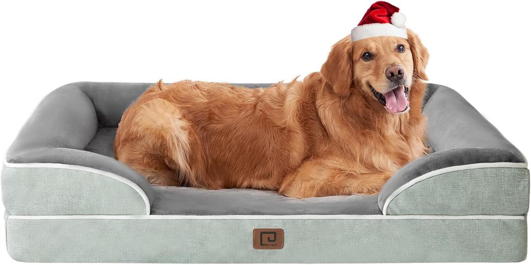EHEYCIGA Orthopedic Dog Beds for Extra Large Dogs, Waterproof Memory Foam XL Dog Bed with Sides, Non-Slip Bottom and Egg-Crate Foam Big Pet Couch Bed with Washable Removable Cover, Greyish Green (44.0"L x 32.0"W x 6.5"Th)