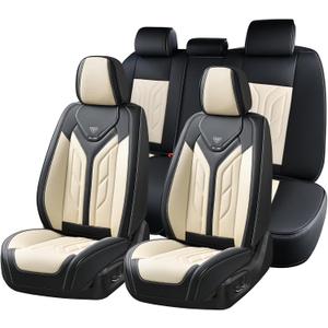 Coverado Seat Covers, Car Seat Covers Full Set, Leather Seat Covers for Cars, Automotive Seat Covers Car Seat Protector Car Accessories Fit for Most Sedans SUV Pick-up Truck(Black&Beige)