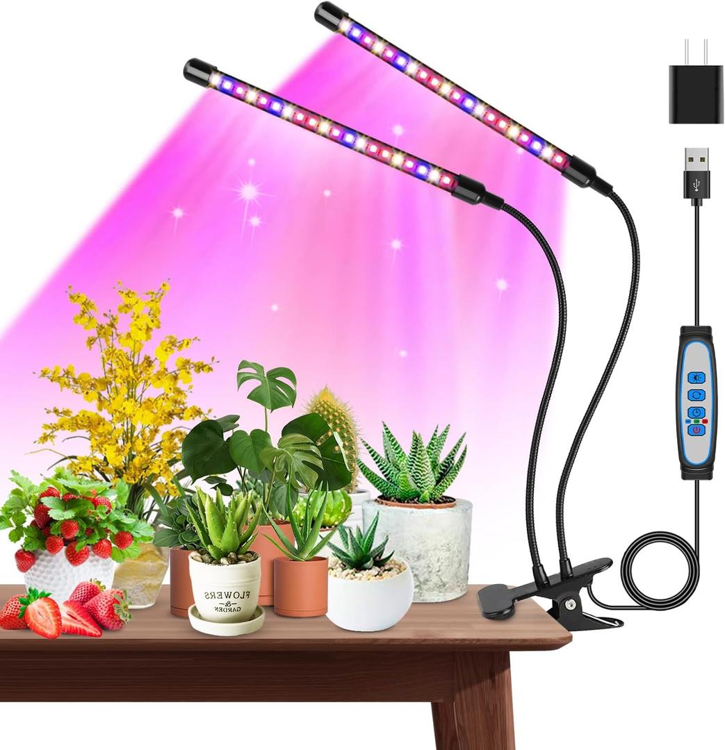 Garpsen Grow Lights for Indoor Plants, Grow Light with Red Blue Full Spectrum, 2 Heads Clip 40 LEDs Plant Light for Indoor Plants, 3 Switch Modes & Auto ON/Off, 6 12 16H Timer, 5 Dimmable Levels