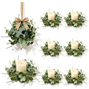 6 Pcs Small Spring Summer Candle Ring Wreaths with Artificial Eucalyptus Greenery White Buds Branches Mini Pillar Candle Holder Wreath for Home Table Centerpieces Kitchen Wedding Farmhouse Party Decor