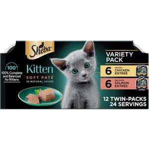 Sheba Perfect Portions Kitten Wet Cat Food Pate Chicken Entree and Salmon Entree, 2.6 oz. Twin-Pack Trays (12 Count, 24 Servings), Best By 09 04 2027