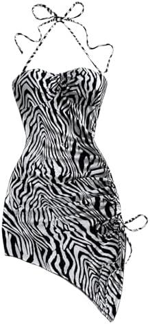 SOLY HUX Women's Zebra Striped Halter Mini Dress Sleeveless Drawstring Split Asymmetrical Hem Bodycon Dresses Size L