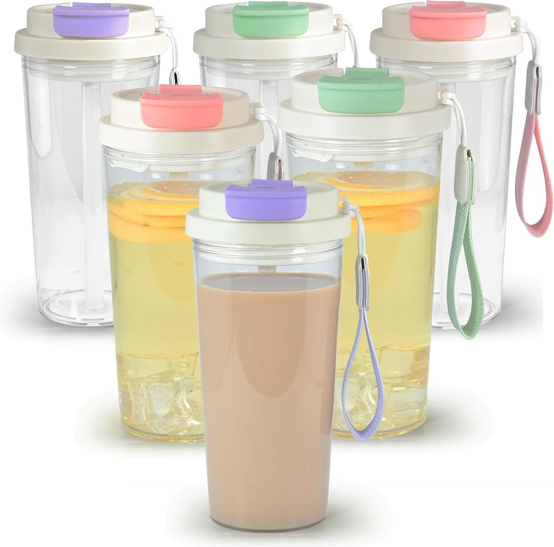 20 oz Plastic Coffee Tumbler with Lid, 6Pcs Reusable Plastic Cup, Iced Coffee Cup Drinking Glass Tumbler for Coffee, Soda, Tea, Milk, Juice, Gift, Mix Color (2pcs green, 2pcs purple, 2pcs pink)