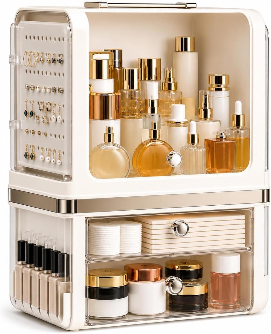 Clear Acrylic Makeup Organizer with Drawers – Dustproof Vanity & Cosmetic Storage Box with Lid (28.5 × 20 × 38 cm)