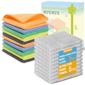 Non Scratch Wire Dishcloth and Microfiber Cleaning Cloth 10pcs-Multipurpose Wire Dishwashing Rags Wire Mesh Cleaning Cloth, Kitchen Towels and Dishcloths Sets for Cleaning Pans Sinks & Cookware (10)